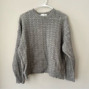 Olive Clothing Grey Wool-Blend Eyelet Sweater with Scalloped Hem